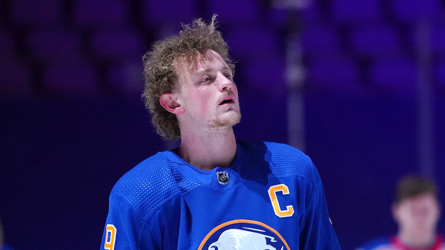BUFFALO, NY - JANUARY 26: Jack Eichel #9 of the Buffalo Sabres before the game against the New York Rangers at KeyBank Center on January 26 , 2021 in Buffalo, New York. (Photo by Kevin Hoffman/Getty Images)