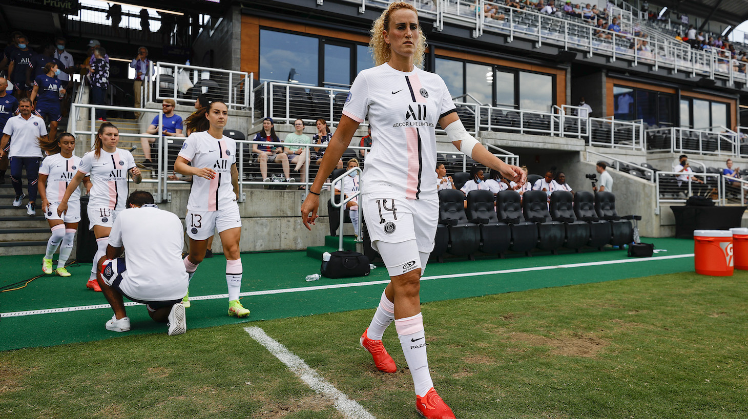 Kheira Hamraoui #14 of Paris Saint-Germain takes the field before playing against Chicago Red Stars during The Women's Cup Third Place match at Lynn Family Stadium on August 21, 2021 in Louisville, Kentucky.