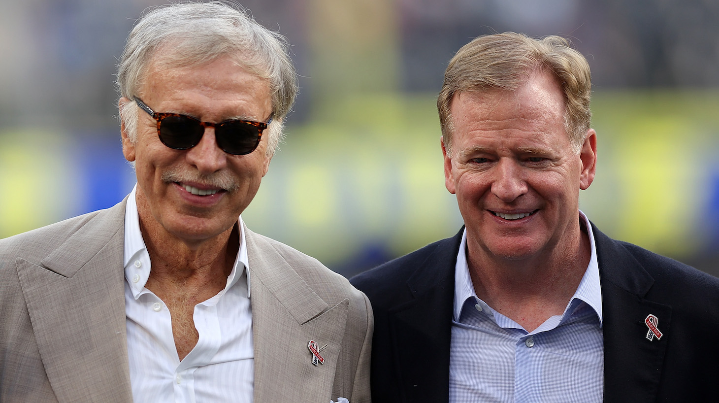 INGLEWOOD, CALIFORNIA - SEPTEMBER 12: Los Angeles Rams team owner Stan Kroenke and NFL commissioner Roger Goodell pose for a picture prior to a game against the Chicago Bears at SoFi Stadium on September 12, 2021 in Inglewood, California. (Photo by Ronald Martinez/Getty Images)