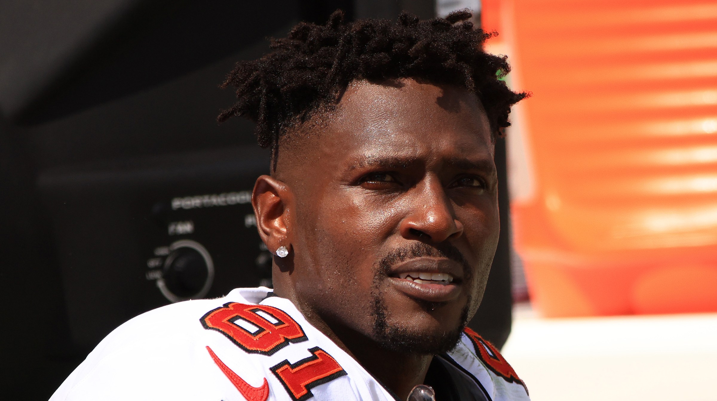Antonio Brown #81 of the Tampa Bay Buccaneers looks on during the second quarter against the Miami Dolphins at Raymond James Stadium on October 10, 2021 in Tampa, Florida.