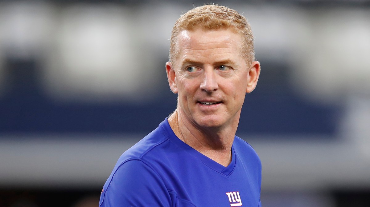 ARLINGTON, TEXAS - OCTOBER 10: Offensive Coordinator Jason Garrett of the New York Giants on the field before the game against the Dallas Cowboys at AT&amp;T Stadium on October 10, 2021 in Arlington, Texas. (Photo by Wesley Hitt/Getty Images)