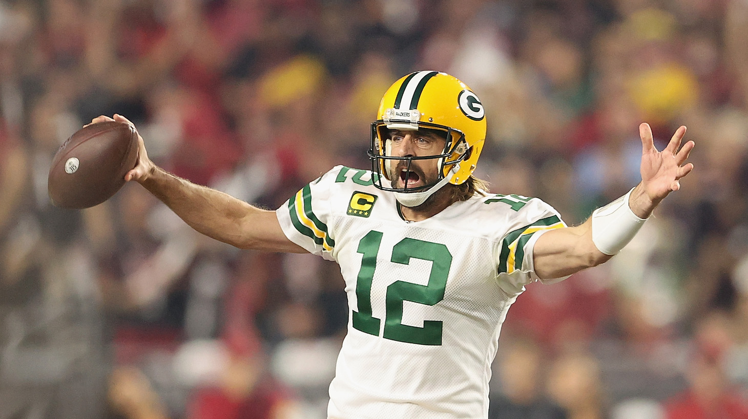 GLENDALE, ARIZONA - OCTOBER 28: Quarterback Aaron Rodgers #12 of the Green Bay Packers reacts during the NFL game at State Farm Stadium on October 28, 2021 in Glendale, Arizona. The Packers defeated the Cardinals 24-21. (Photo by Christian Petersen/Getty Images)