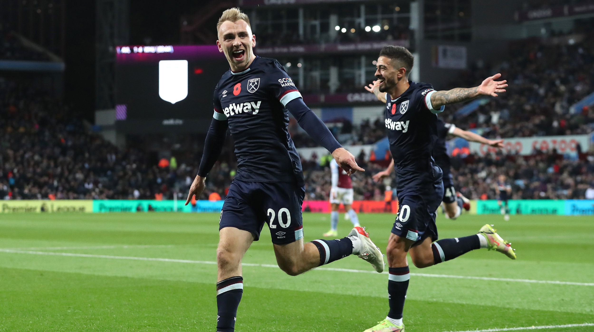 Jarrod Bowen of West Ham United celebrates after scoring their side's fourth goal during the Premier League match between Aston Villa and West Ham United at Villa Park on October 31, 2021 in Birmingham, England.
