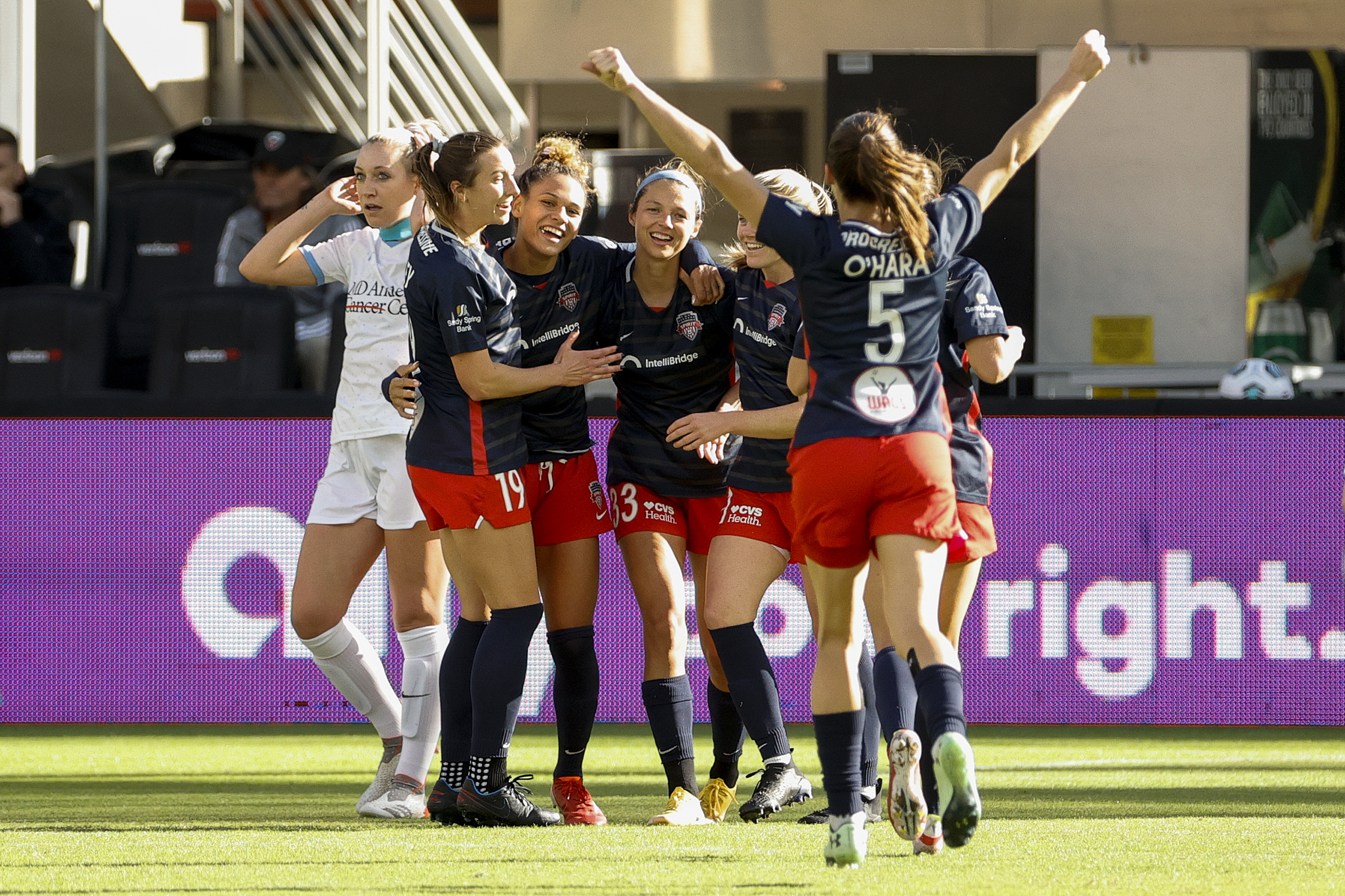 Washington Spirit players celebrate following a goal by Trinity Rodman #2 during the second half against the Houston Dash at Audi Field on October 31, 2021 in Washington, DC.
