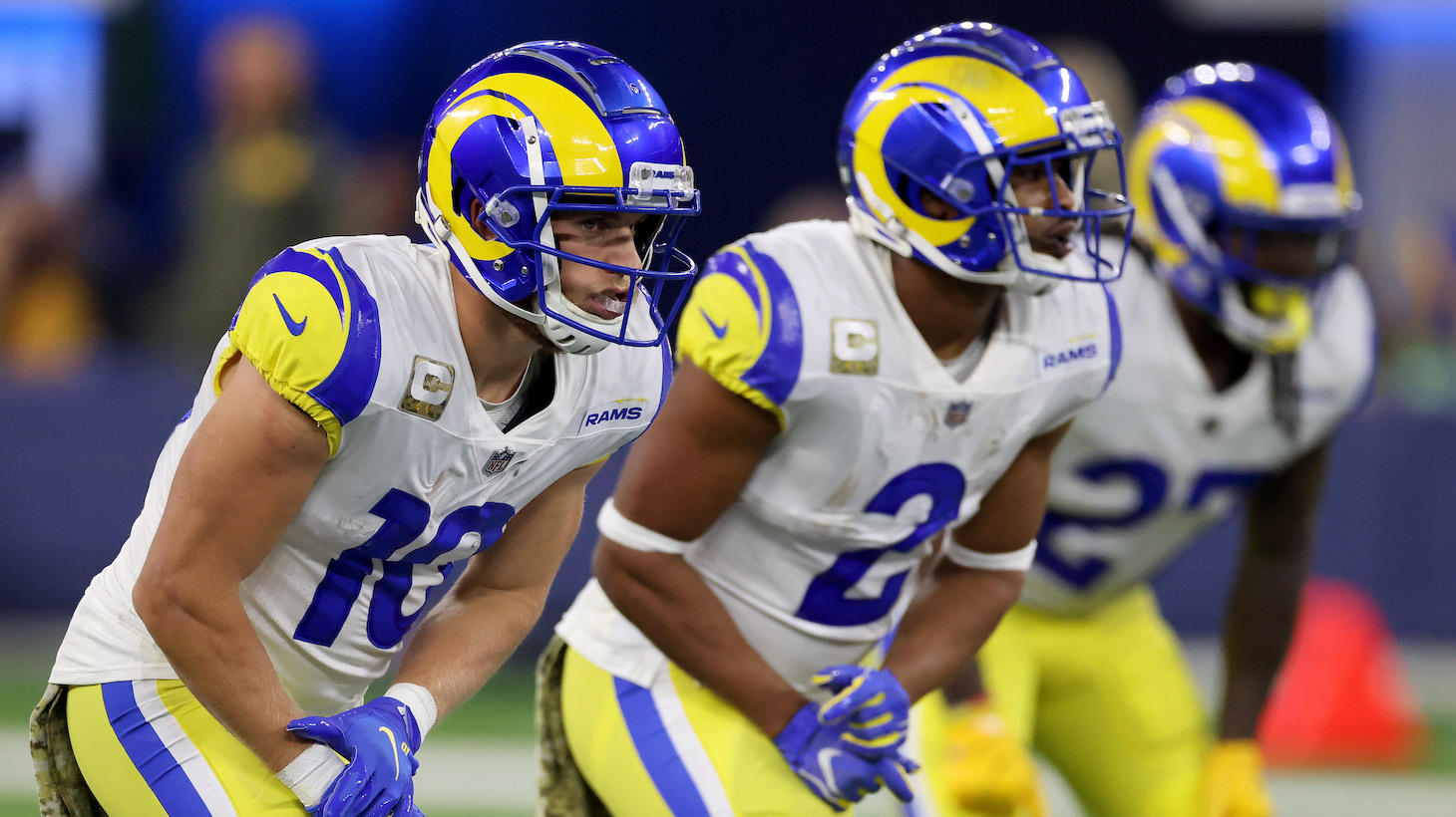 INGLEWOOD, CALIFORNIA - NOVEMBER 07: Cooper Kupp #10, Robert Woods #2 and Darrell Henderson #27 of the Los Angeles Rams line up for a play during a 28-16 loss to the Tennessee Titans at SoFi Stadium on November 07, 2021 in Inglewood, California. (Photo by Harry How/Getty Images)