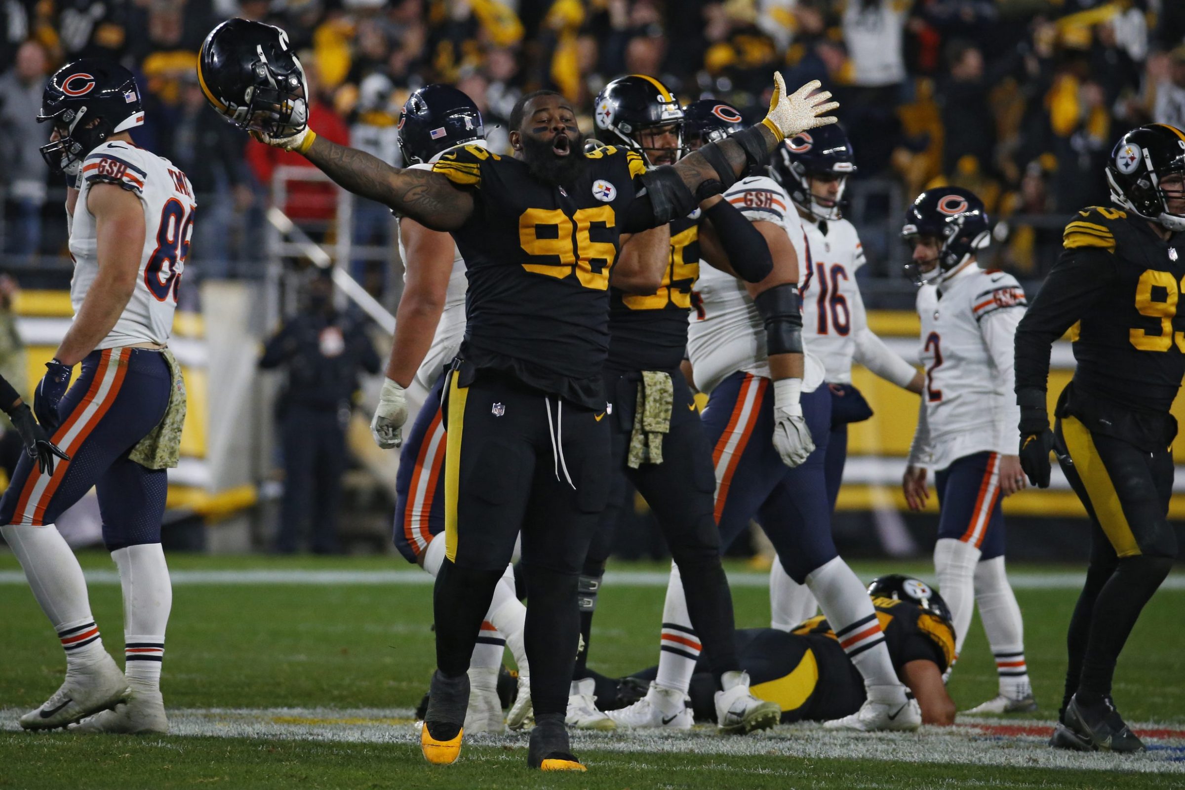 Isaiah Buggs of the Steelers celebrates the win