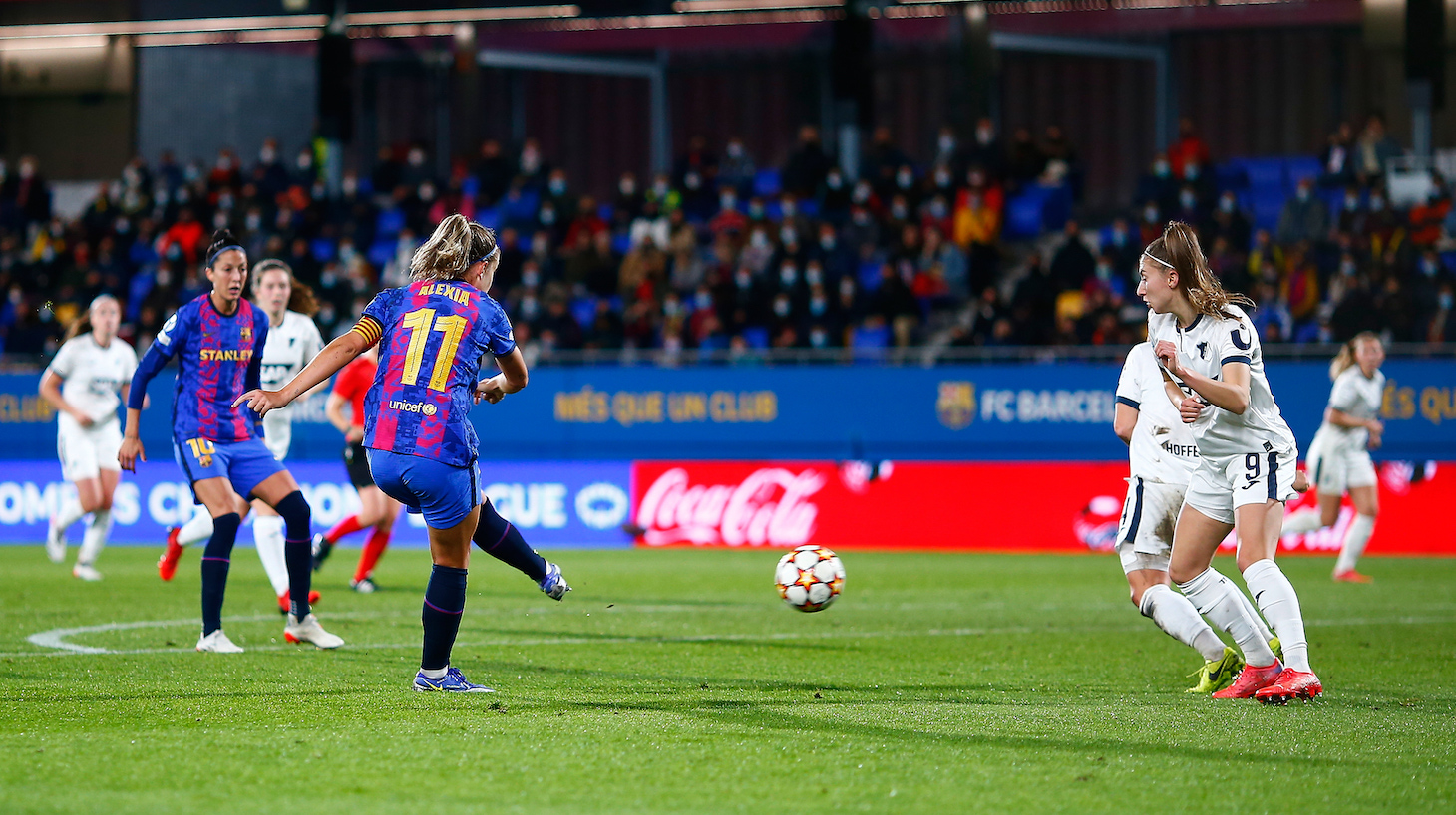 Alexia Putellas of FC Barcelona scores his side's 3rd goal during the UEFA Women's Champions League group C match between FC Barcelona and 1899 Hoffenheim at Estadi Johan Cruyff on November 10, 2021 in Barcelona, Spain.