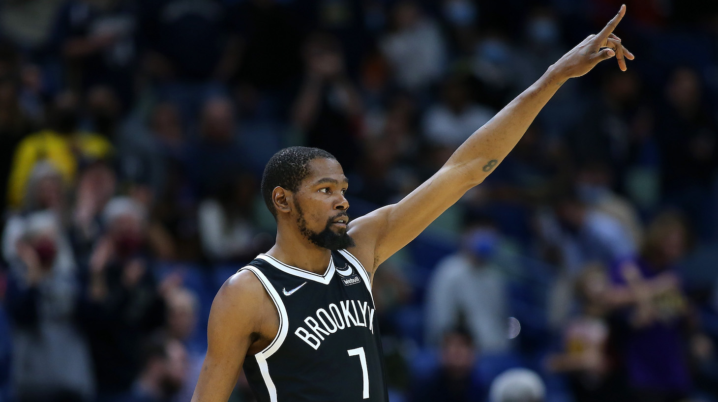 NEW ORLEANS, LOUISIANA - NOVEMBER 12: Kevin Durant #7 of the Brooklyn Nets reacts during the first half against the New Orleans Pelicans at the Smoothie King Center on November 12, 2021 in New Orleans, Louisiana. NOTE TO USER: User expressly acknowledges and agrees that, by downloading and or using this Photograph, user is consenting to the terms and conditions of the Getty Images License Agreement. (Photo by Jonathan Bachman/Getty Images)