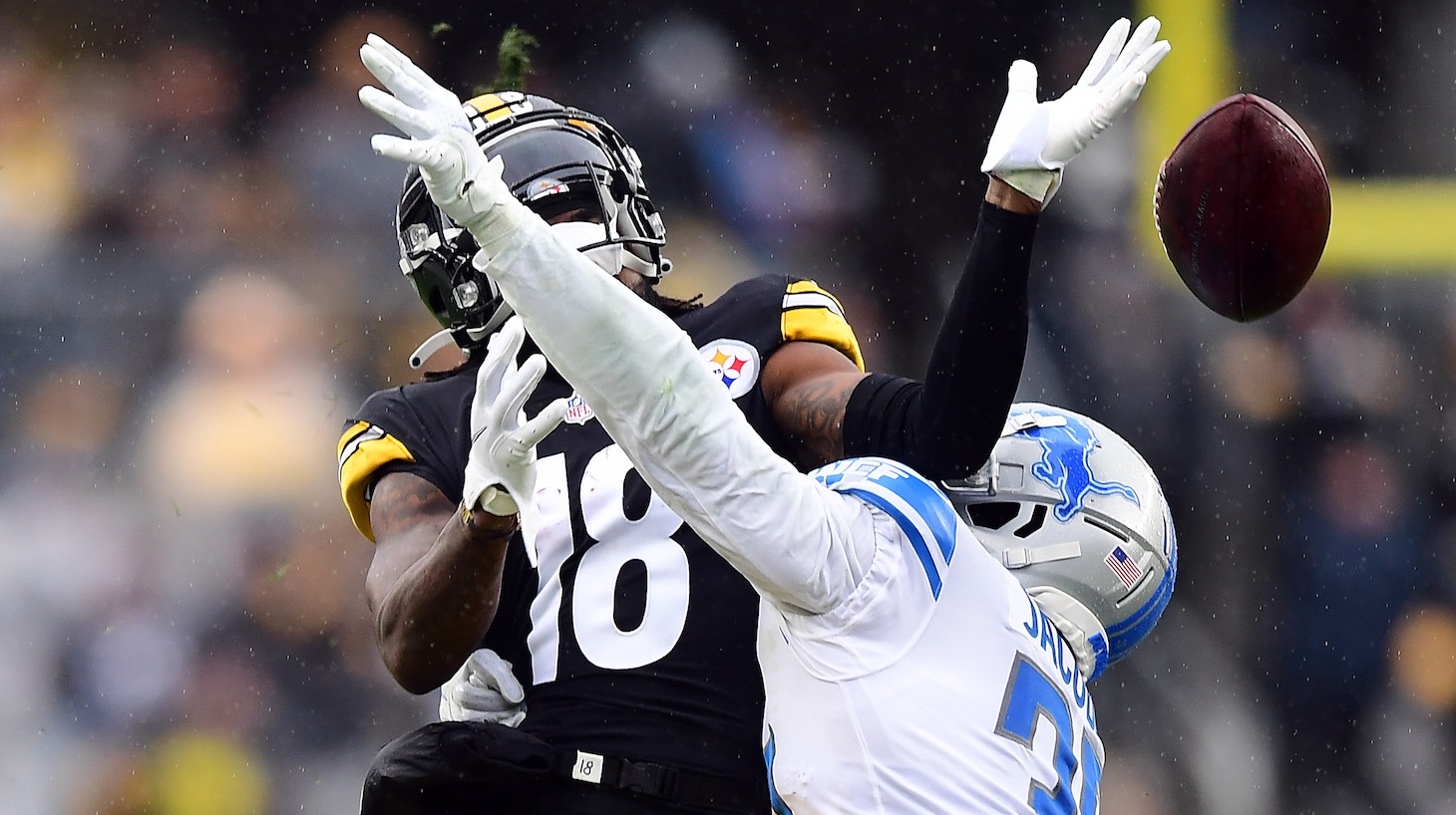 Jerry Jacobs #39 of the Detroit Lions breaks up a pass play intended for Diontae Johnson #18 of the Pittsburgh Steelers in the third quarter at Heinz Field on November 14, 2021 in Pittsburgh, Pennsylvania.