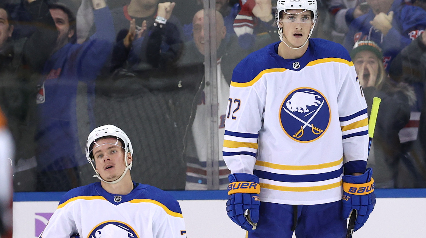 NEW YORK, NEW YORK - NOVEMBER 21: Victor Olofsson #71 and Tage Thompson of the Buffalo Sabres react to the loss to the New York Rangers at Madison Square Garden on November 21, 2021 in New York City. The New York Rangers defeated the Buffalo Sabres 5-4. (Photo by Elsa/Getty Images)