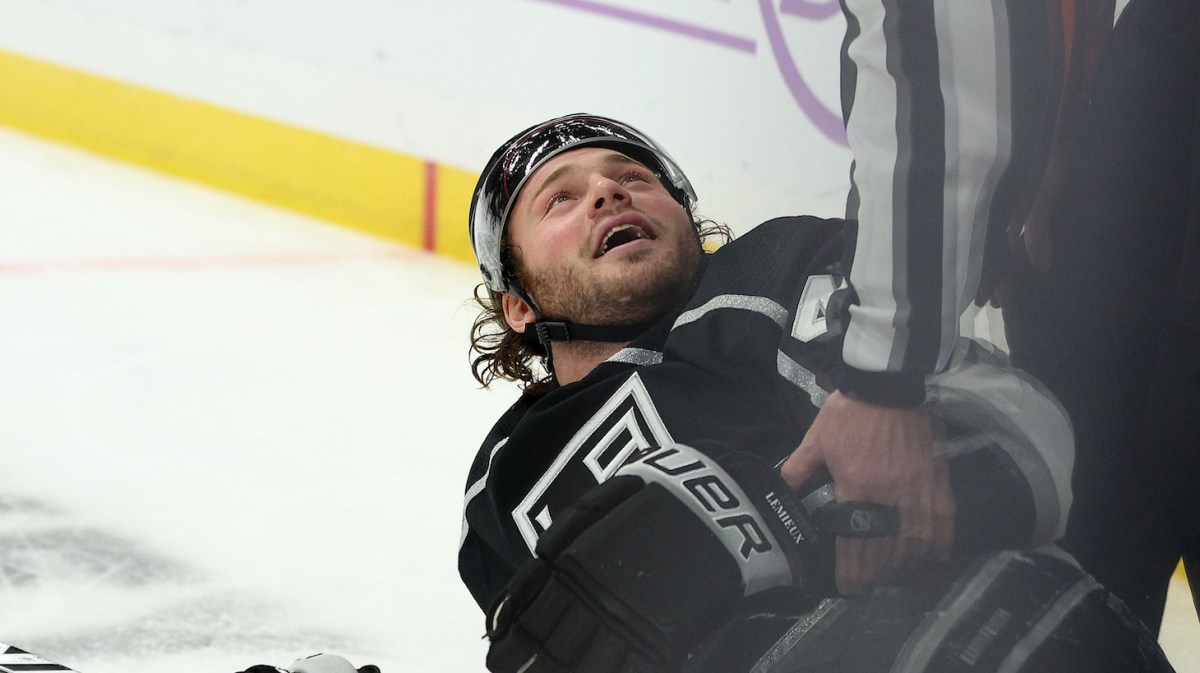LOS ANGELES, CALIFORNIA - NOVEMBER 21: Brendan Lemieux #48 of the Los Angeles Kings appeals to referee Kevin Pollock #33 for a penalty during the second period against the Arizona Coyotes at Staples Center on November 21, 2021 in Los Angeles, California. (Photo by Harry How/Getty Images)