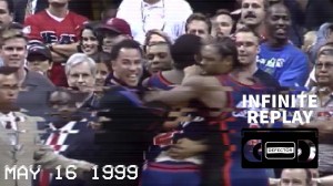 Infinite Replay logo and VHS box is in the lower right corner. It's the Heat celebrating their 1999 first-round win over the Knicks.
