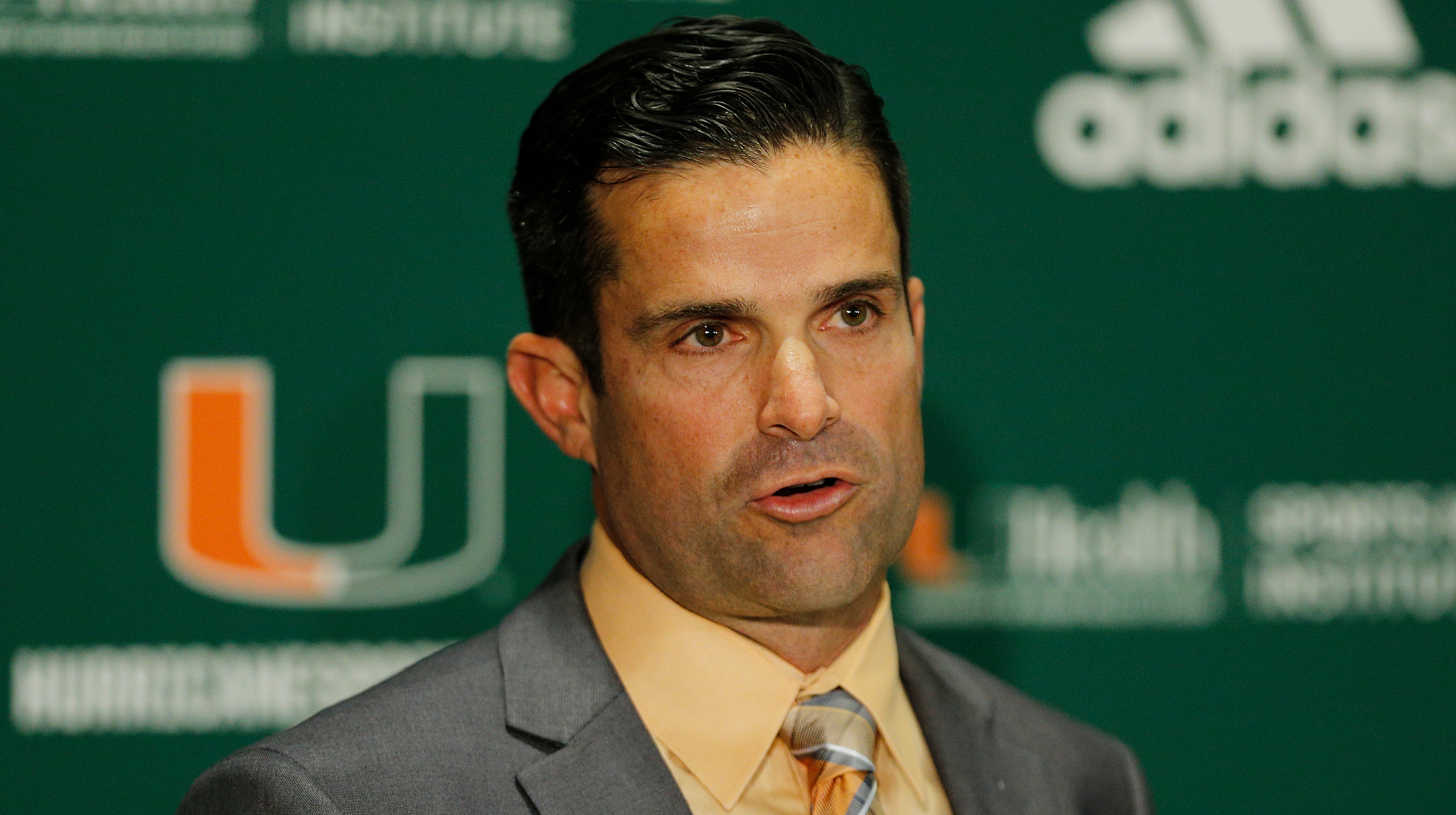 Manny Diaz of the Miami Hurricanes addresses the media during his introductory press conference in the Mann Auditorium at the Schwartz Center on January 2, 2019 in Coral Gables, Florida.