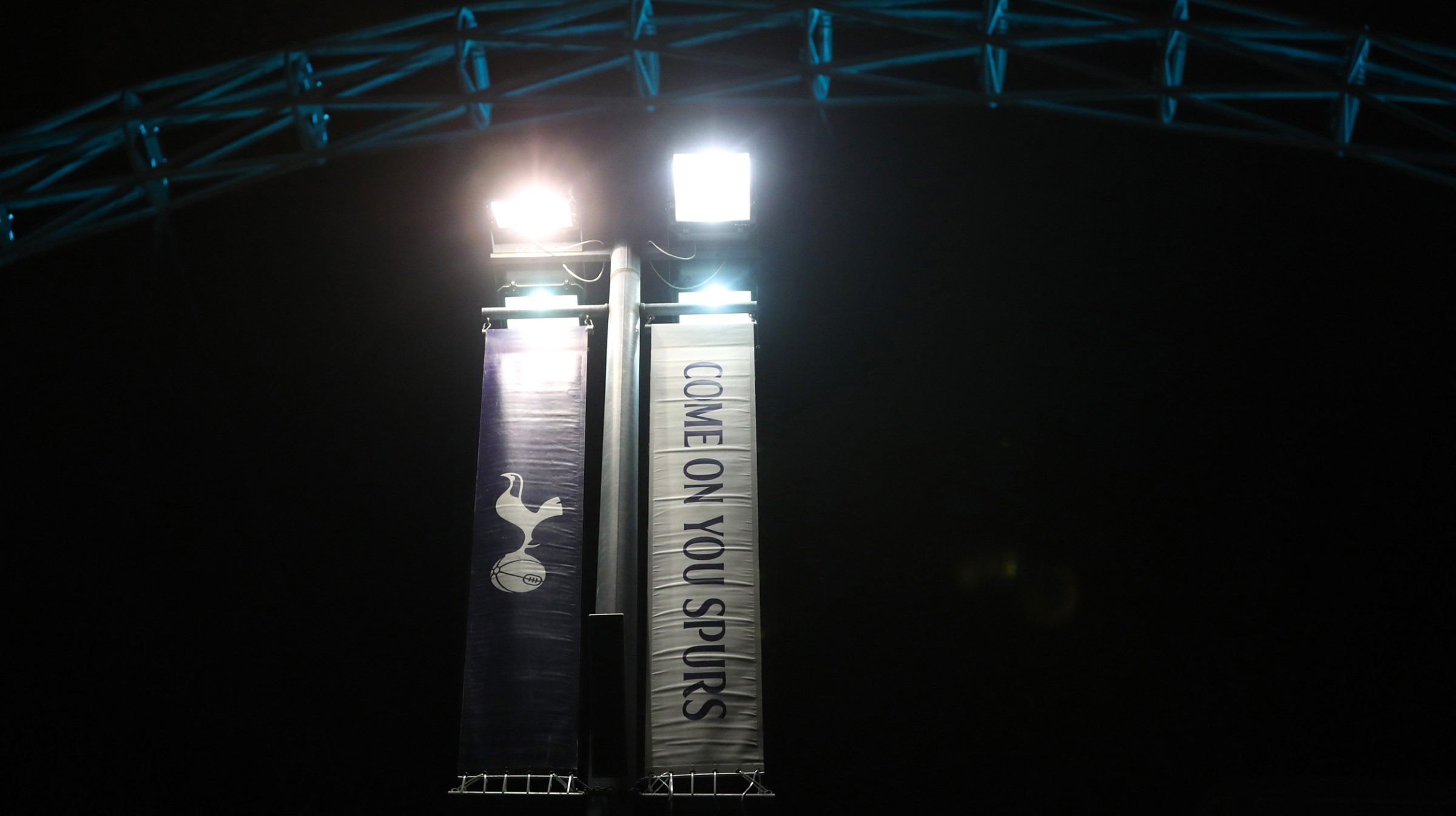 General view of a Tottenham sign under the arch outside the stadium before the Premier League match between Tottenham Hotspur and Watford FC at Wembley Stadium on January 30, 2019 in London, United Kingdom.