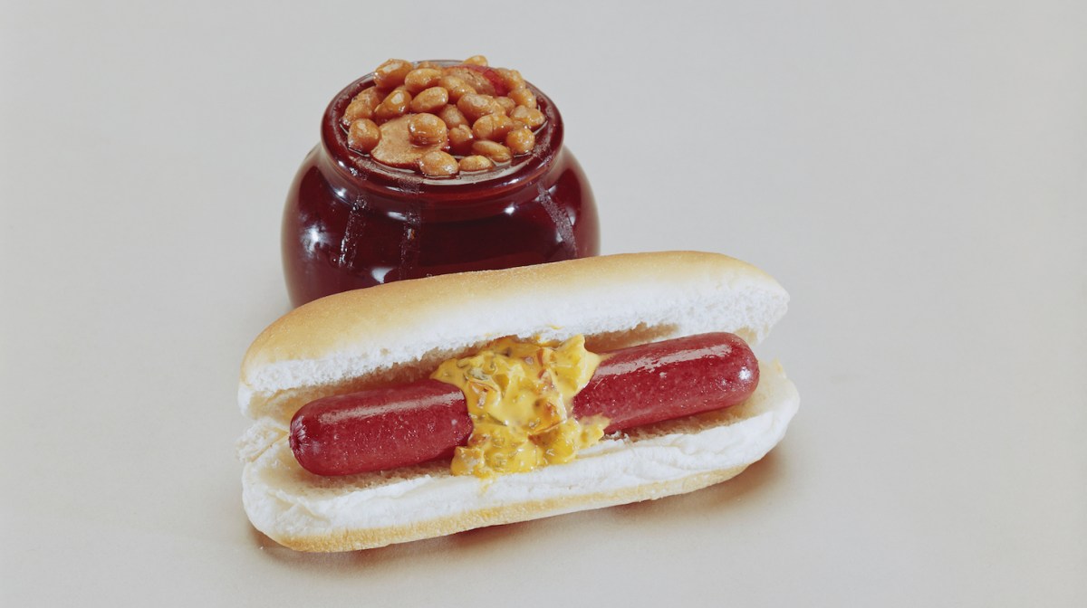 Hot dog with jar of baked beans against white background, close-up