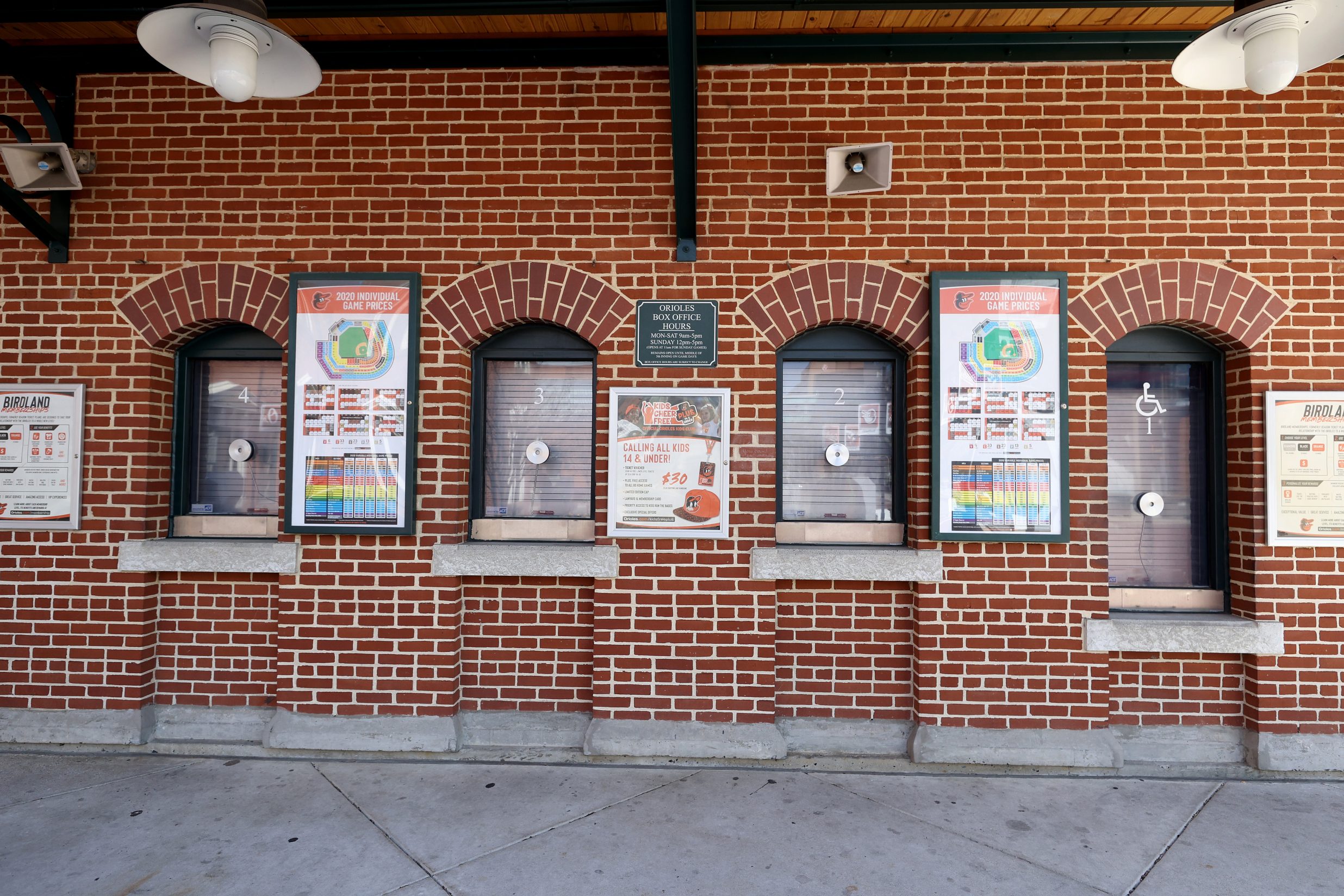 BALTIMORE, MARYLAND - MARCH 26: The closed box office is shown at Oriole Park at Camden Yards on March 26, 2020 in Baltimore, Maryland. The Baltimore Orioles and New York Yankees Opening Day game scheduled for today, along with the entire MLB season, has been postponed due to the COVID-19 pandemic.