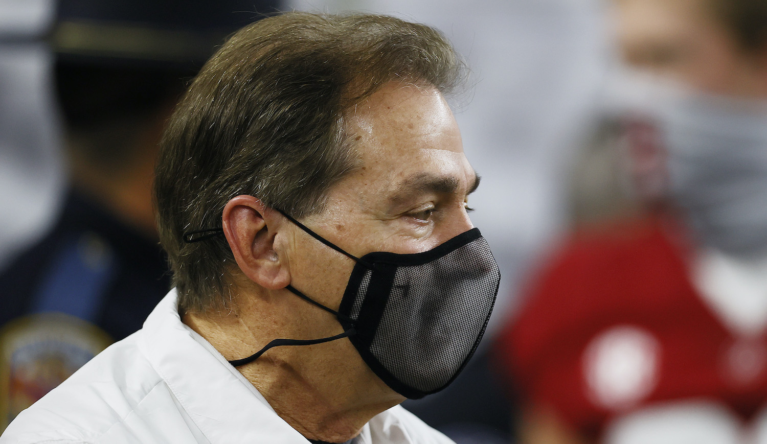 ARLINGTON, TEXAS - JANUARY 01: Head coach Nick Saban of the Alabama Crimson Tide walks on the field, masked prior to the 2021 College Football Playoff Semifinal Game at the Rose Bowl Game presented by Capital One against the Notre Dame Fighting Irish at AT&amp;T Stadium on January 01, 2021 in Arlington, Texas. (Photo by Tom Pennington/Getty Images)
