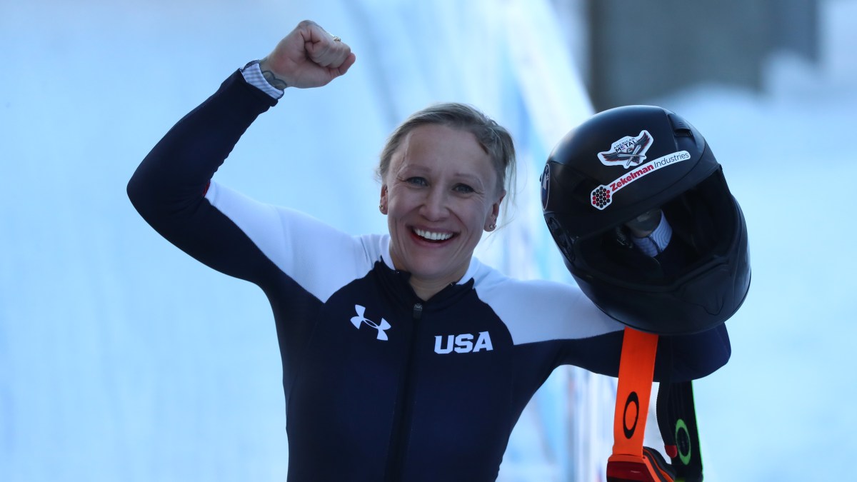 Kaillie Humphries of the United States celebrates winning the Women’s Monobob (Heat 4) at the IBSF World Championships 2021 Altenberg competition at Eiskanal Altenberg on February 14, 2021 in Altenberg, Germany.