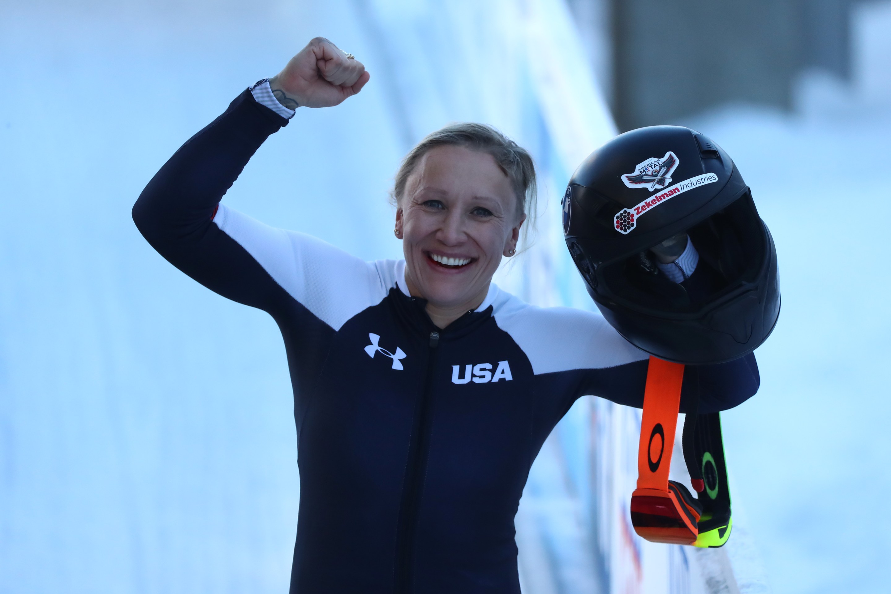 Kaillie Humphries of the United States celebrates winning the Women’s Monobob (Heat 4) at the IBSF World Championships 2021 Altenberg competition at Eiskanal Altenberg on February 14, 2021 in Altenberg, Germany.