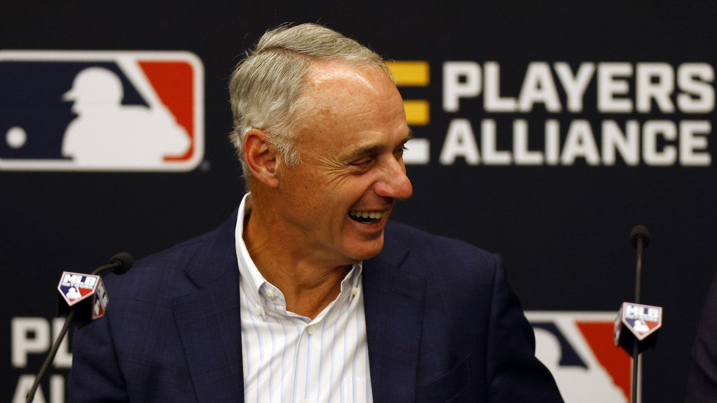 DENVER, COLORADO - JULY 12: Commissioner of Baseball Robert D. Manfred Jr. speaks during a press conference announcing a partnership with the Players Alliance during the Gatorade All-Star Workout Day at Coors Field on July 12, 2021 in Denver, Colorado. (Photo by Justin Edmonds/Getty Images)