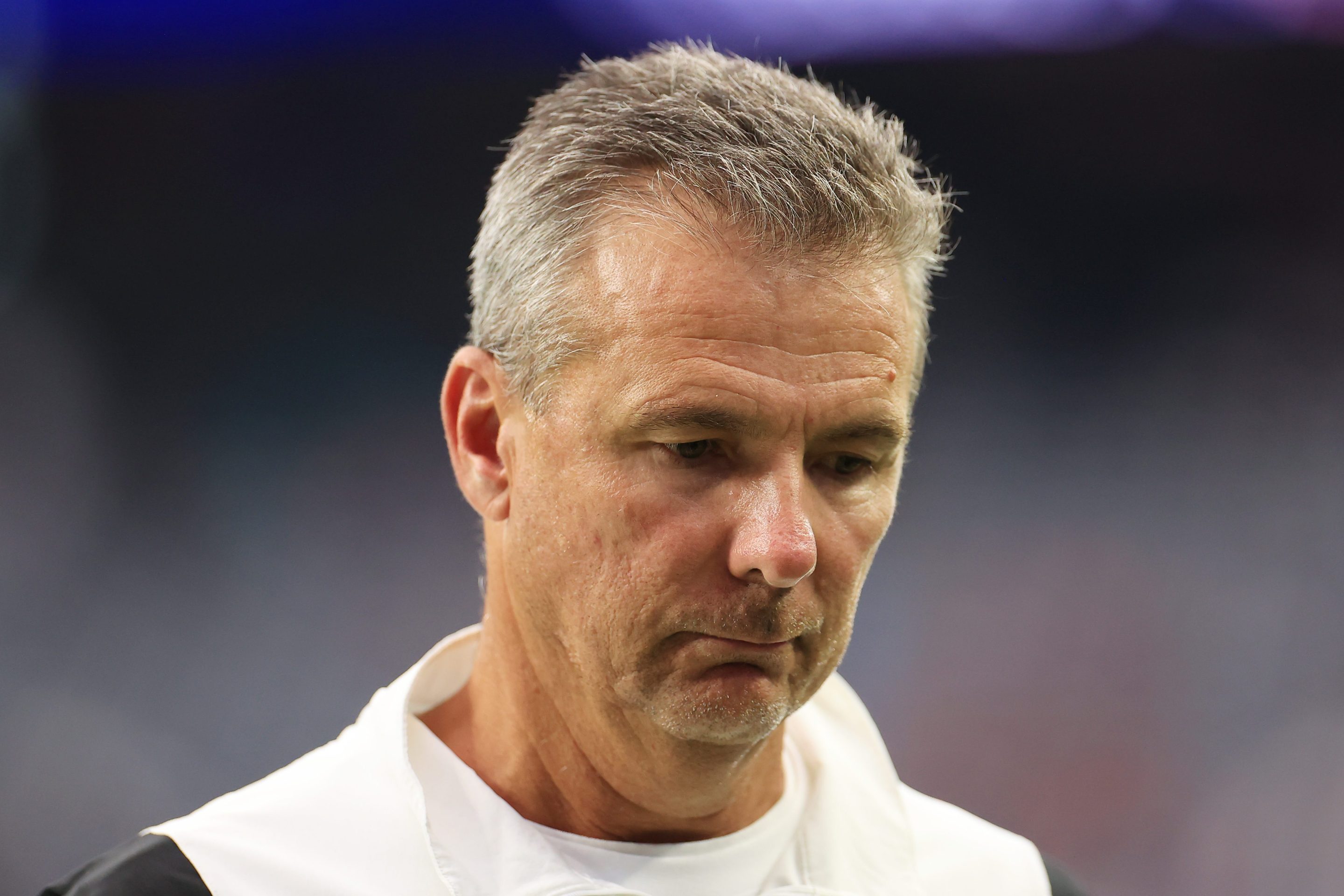 Then-head coach Urban Meyer of the Jacksonville Jaguars reacts after losing to the Houston Texans 37-21 at NRG Stadium on September 12, 2021 in Houston, Texas.
