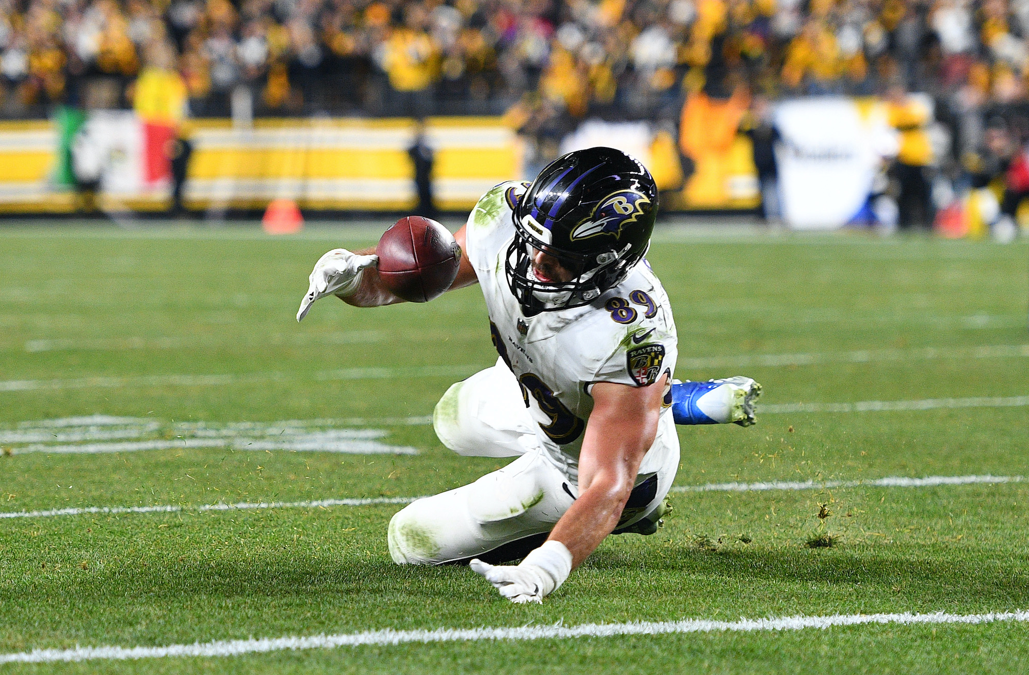 Mark Andrews #89 of the Baltimore Ravens drops a pass resulting in a failed two point conversion attempt during the fourth quarter against the Pittsburgh Steelers at Heinz Field on December 05, 2021 in Pittsburgh, Pennsylvania.