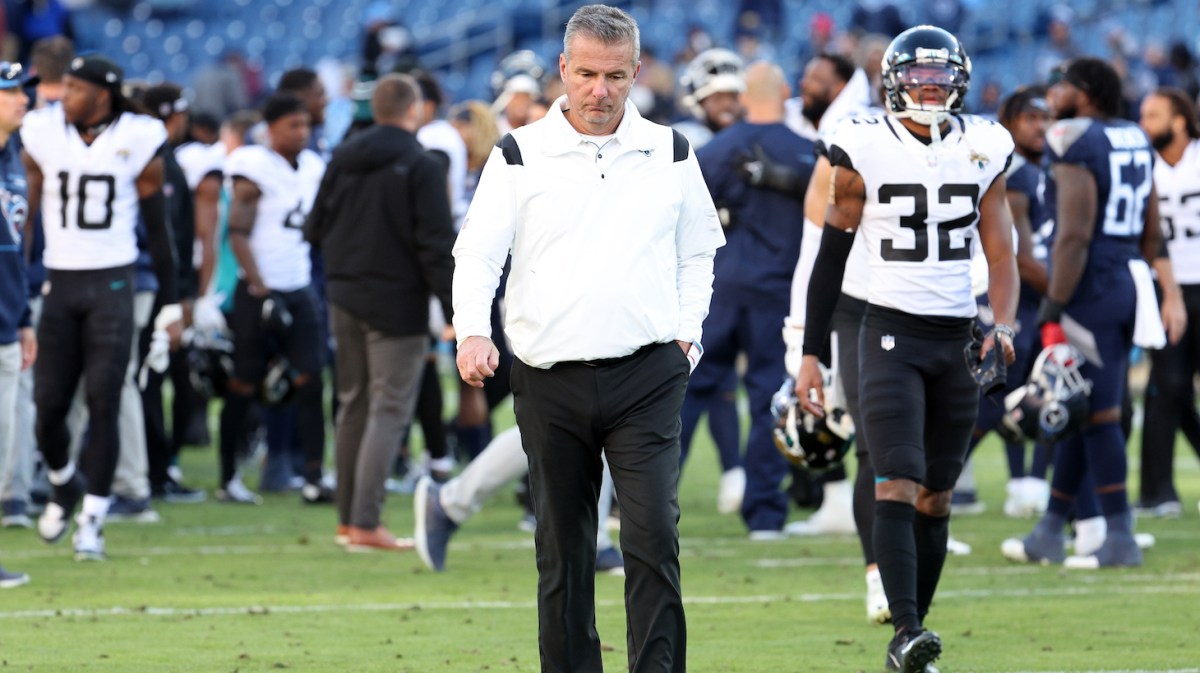 NASHVILLE, TENNESSEE - DECEMBER 12: Head coach Urban Meyer of the Jacksonville Jaguars reacts after the game against the Tennessee Titans at Nissan Stadium on December 12, 2021 in Nashville, Tennessee. (Photo by Andy Lyons/Getty Images)