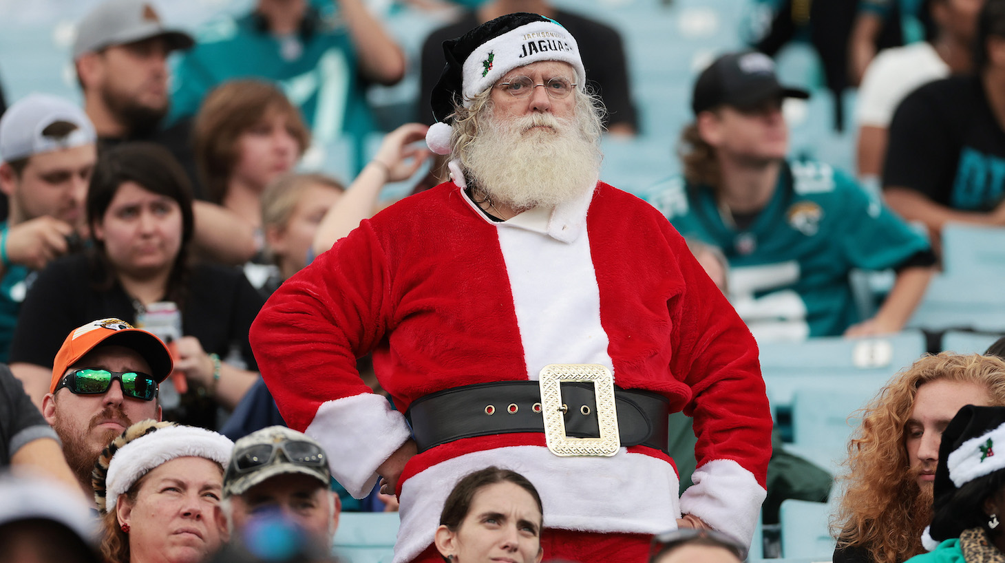 JACKSONVILLE, FLORIDA - DECEMBER 19: A Jacksonville Jaguars fan dressed as Santa Claus in the stands in the game against the Houston Texans at TIAA Bank Field on December 19, 2021 in Jacksonville, Florida. (Photo by Douglas P. DeFelice/Getty Images)