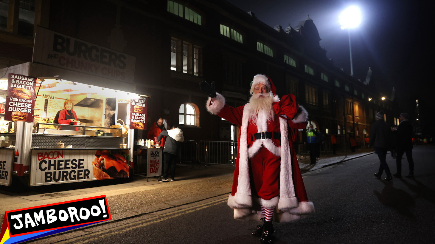 LONDON, ENGLAND - DECEMBER 20: A man dressed as Santa Claus is pictured outside the stadium prior to the Sky Bet Championship match between Fulham and Sheffield United at Craven Cottage on December 20, 2021 in London, England. (Photo by Alex Pantling/Getty Images)