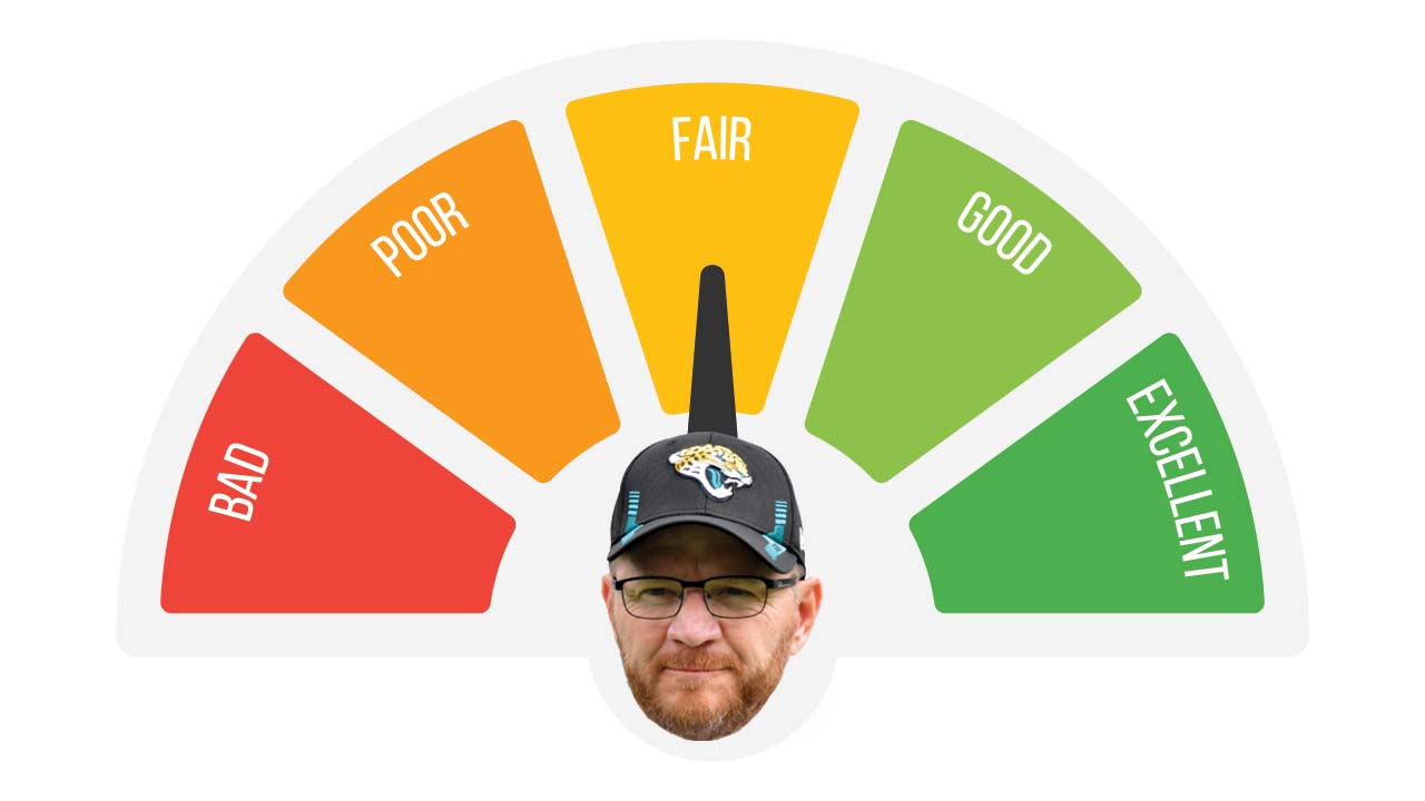 A speedometer like chart with five options: BAD, POOR, FAIR, GOOD, EXCELLENT. They are Red, orange, yellow, light green, dark green. Darrell Bevell is in the center.