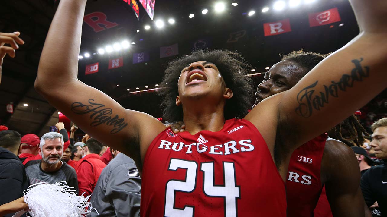 Ron Harper Jr. celebrates after his buzzer beater lifted Rutgers