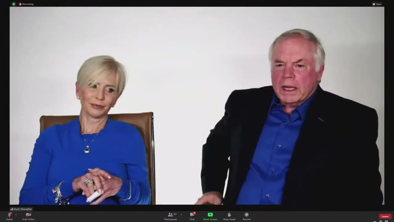 Buck Showalter and his wife against an all white background