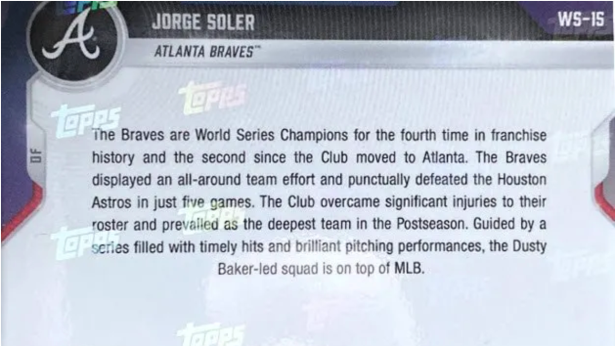The error-strewn back text of the Topps Now cards commemorating Atlanta's 2021 World Series win.