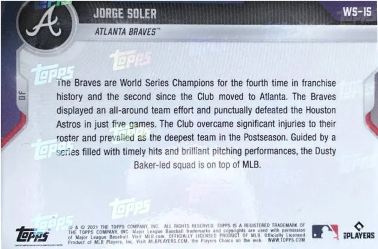 The error-strewn back text of the Topps Now cards commemorating Atlanta's 2021 World Series win.