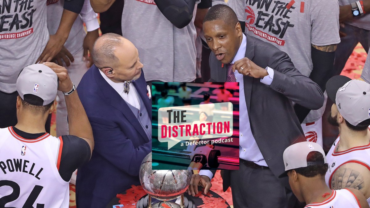 Toronto Raptors GM Masai Ujiri talking to TNT's Ernie Johnson after the Raptors won the Eastern Conference Finals in 2019.