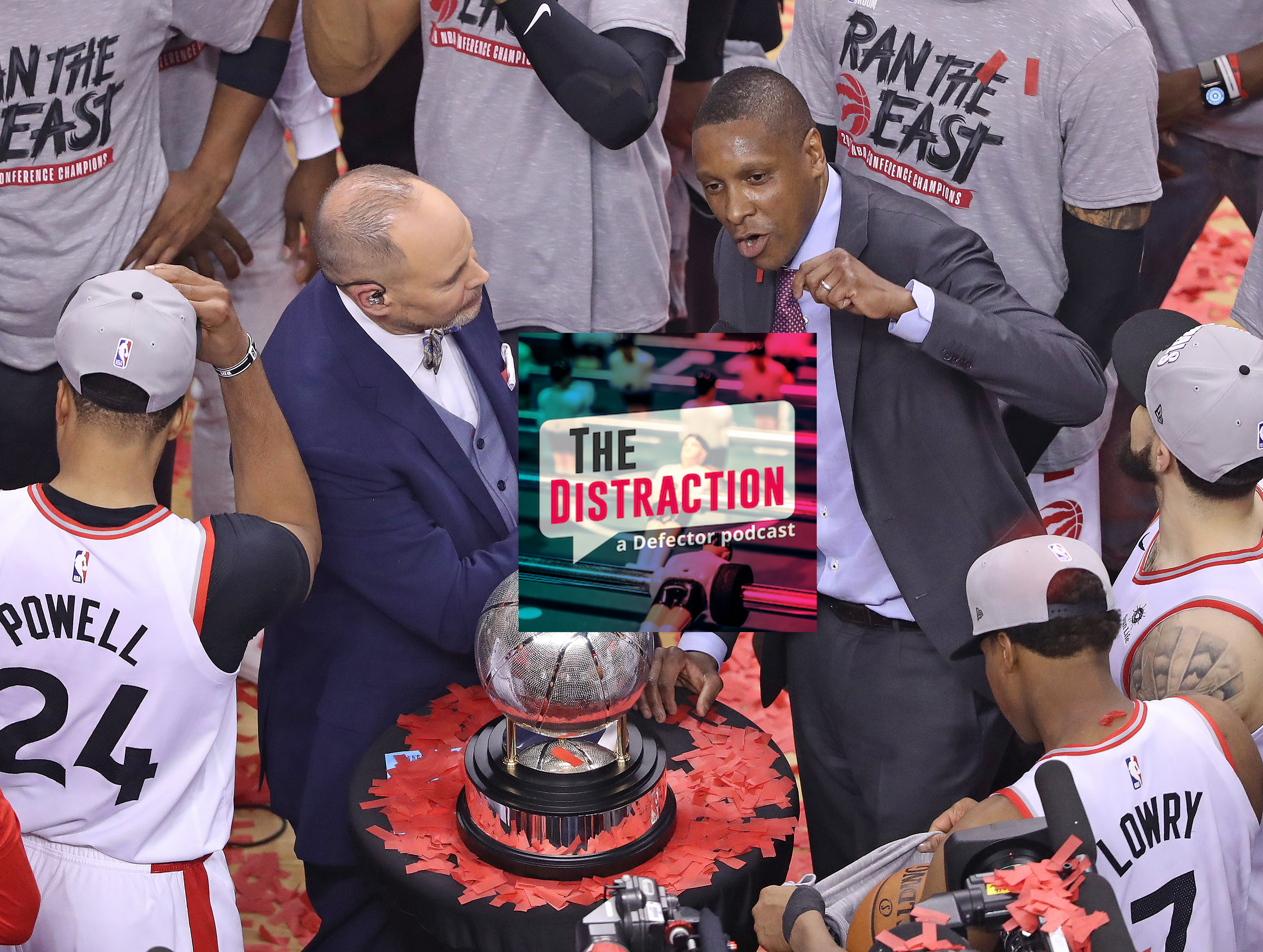 Toronto Raptors GM Masai Ujiri talking to TNT's Ernie Johnson after the Raptors won the Eastern Conference Finals in 2019.