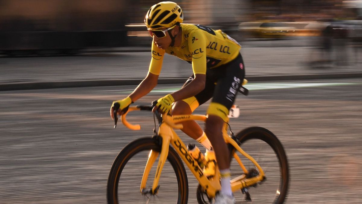 Colombia's Egan Bernal, wearing the overall leader's yellow jersey rides during the 21st and last stage of the 106th edition of the Tour de France cycling race between Rambouillet and Paris Champs-Elysees, in Paris on July 28, 2019. (Photo by Marco Bertorello / AFP) (Photo credit should read MARCO BERTORELLO/AFP via Getty Images)