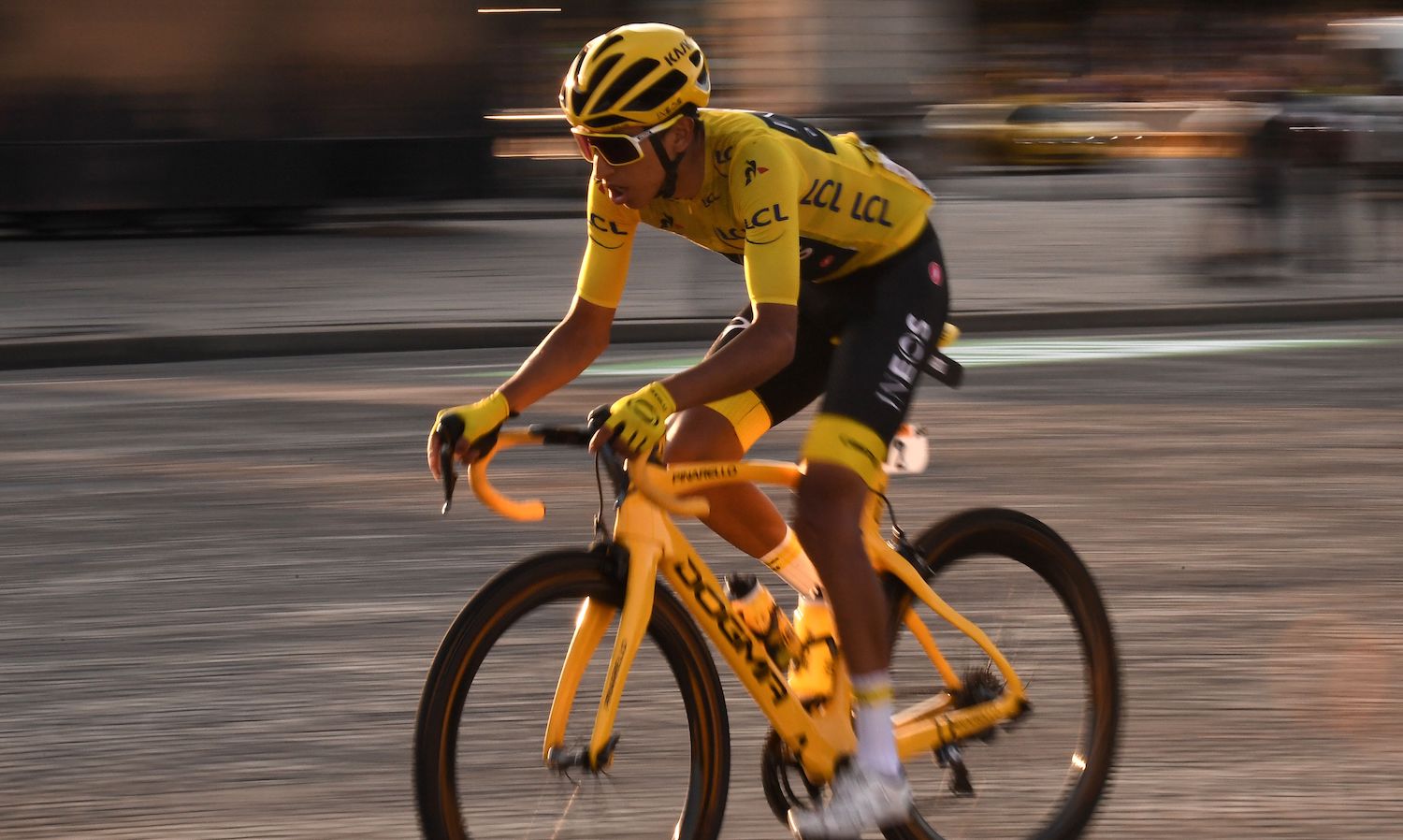 Colombia's Egan Bernal, wearing the overall leader's yellow jersey rides during the 21st and last stage of the 106th edition of the Tour de France cycling race between Rambouillet and Paris Champs-Elysees, in Paris on July 28, 2019. (Photo by Marco Bertorello / AFP) (Photo credit should read MARCO BERTORELLO/AFP via Getty Images)