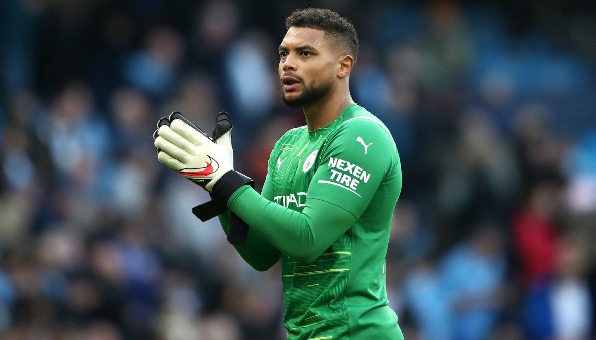MANCHESTER, ENGLAND - OCTOBER 16: Zack Steffen of Manchester City celebrates after the Premier League match between Manchester City and Burnley at Etihad Stadium on October 16, 2021 in Manchester, England. (Photo by Jan Kruger/Getty Images)