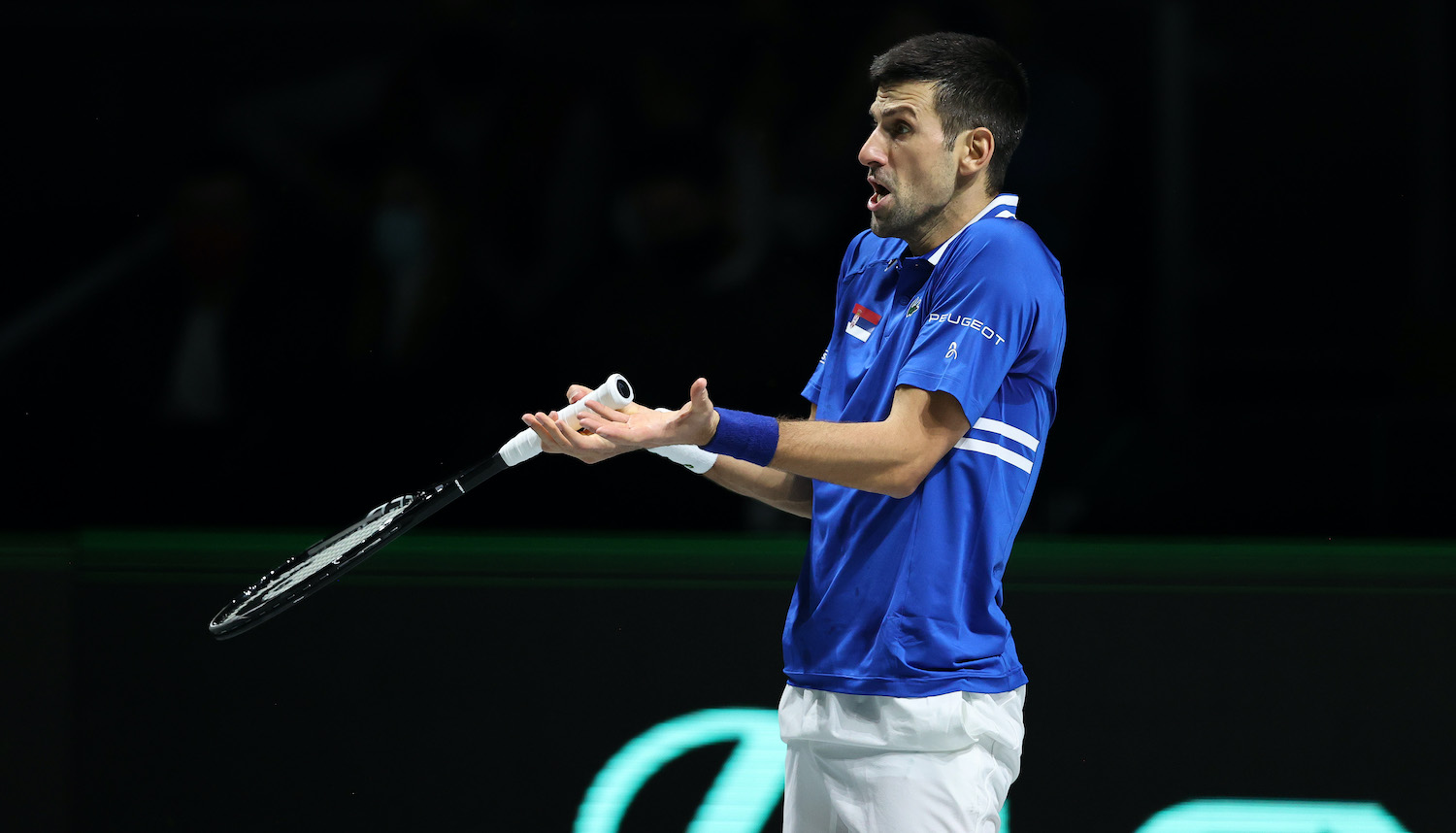 MADRID, SPAIN - DECEMBER 03: Novak Djokovic of Serbia reacts during the Davis Cup semi final against Marin Cilic of Croatia at Madrid Arena on December 03, 2021 in Madrid, Spain. (Photo by Clive Brunskill/Getty Images)