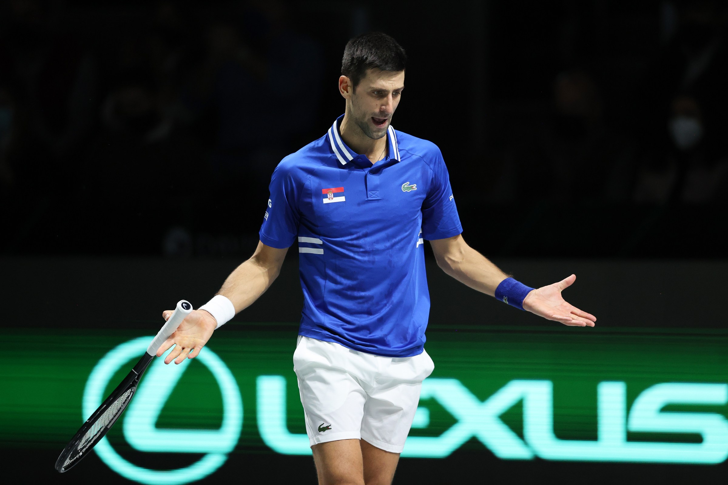 Novak Djokovic of Serbia reacts during the Davis Cup semi final against Marin Cilic of Croatia at Madrid Arena on December 03, 2021 in Madrid, Spain.