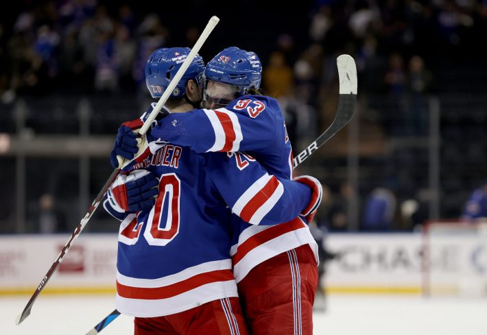 Chris Kreider and Mika Zibanejad celebrate