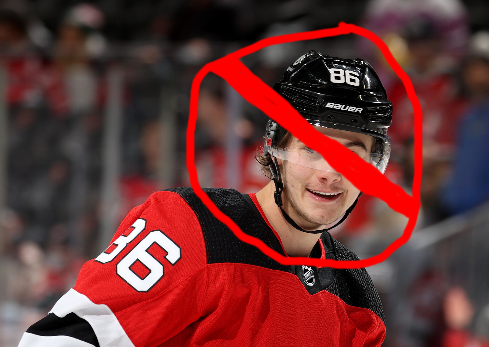 Jack Hughes with his face crossed out