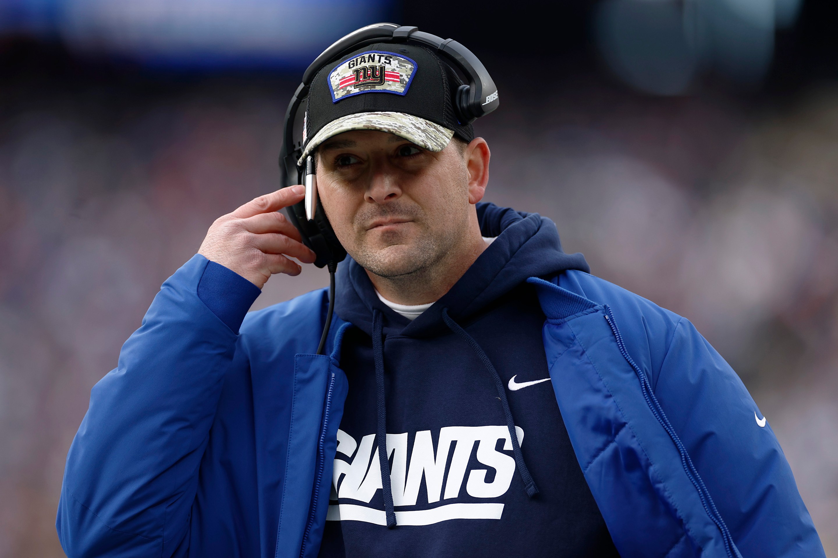 Head coach Joe Judge of the New York Giants looks on during the second quarter against the Dallas Cowboys at MetLife Stadium on December 19, 2021 in East Rutherford, New Jersey.