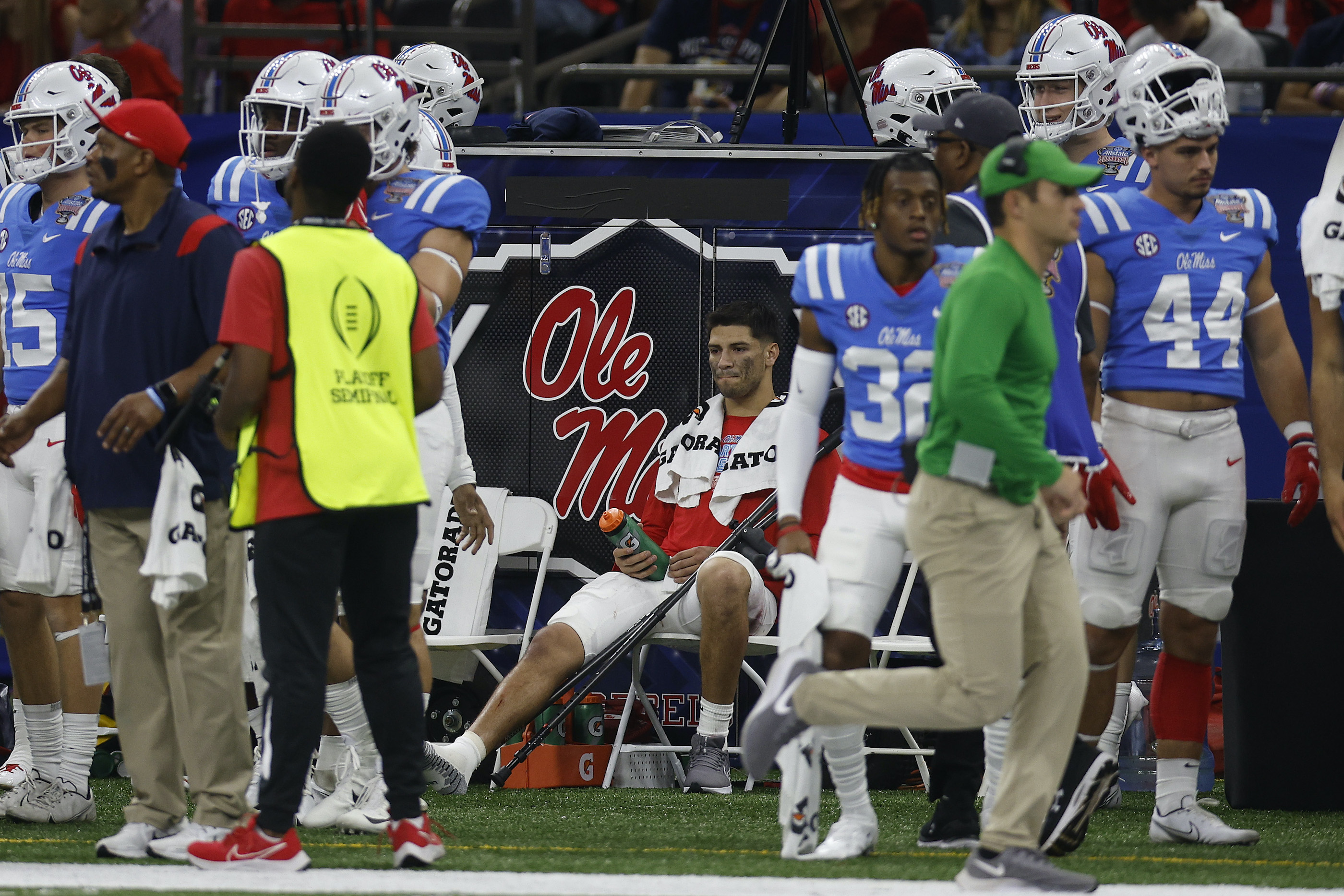 Matt Corral #2 of the Mississippi Rebels looks on from the sideline after he was injured during the first quarter against the Baylor Bears in the Allstate Sugar Bowl at Caesars Superdome on January 01, 2022 in New Orleans, Louisiana.