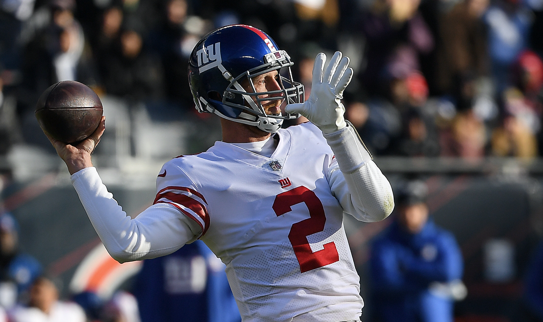 Mike Glennon #2 of the New York Giants throws the ball in the third quarter of the game against the Chicago Bears at Soldier Field on January 02, 2022 in Chicago, Illinois.