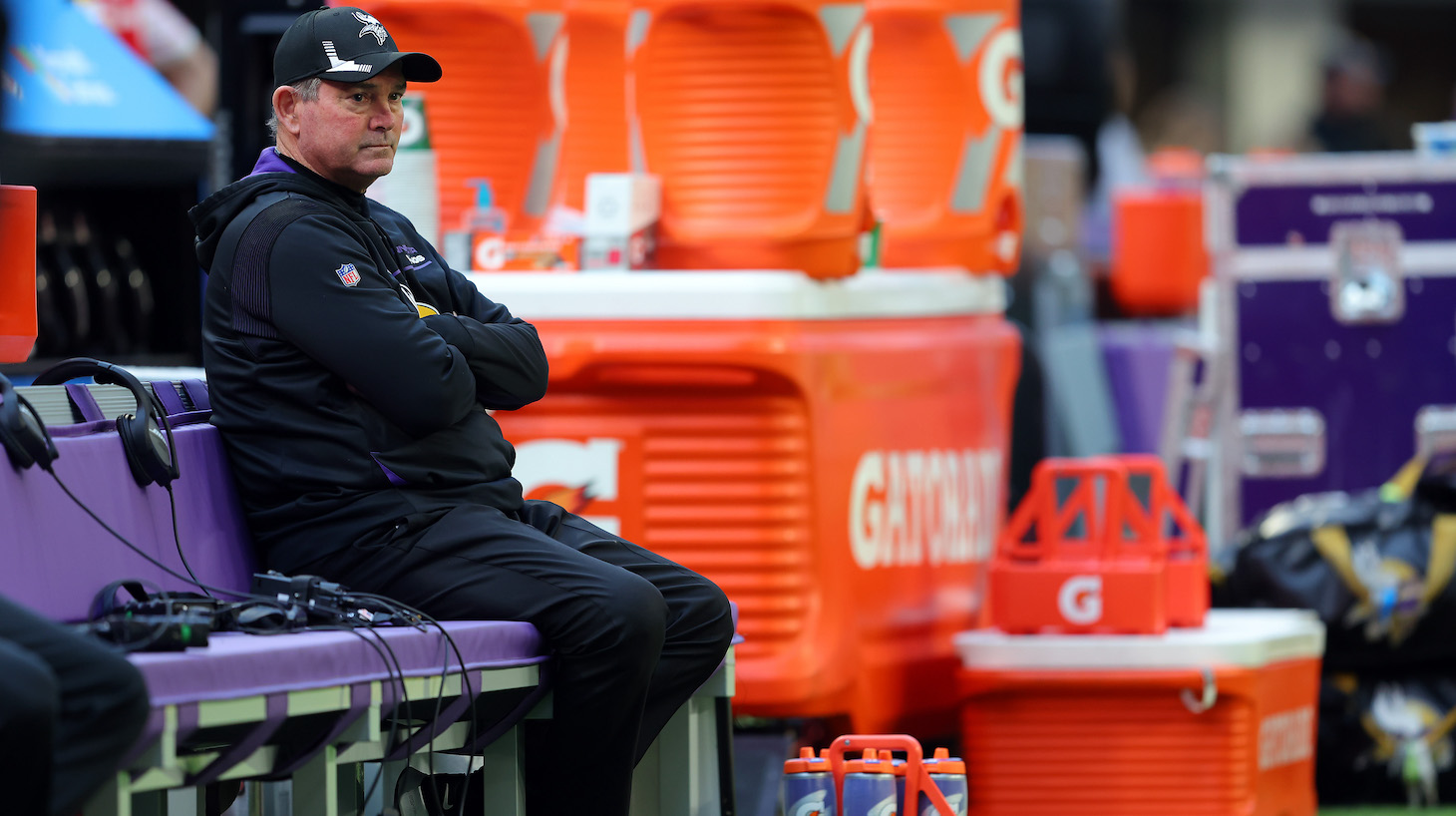 Head coach Mike Zimmer of the Minnesota Vikings looks on from the bench on the sidelines during warm ups prior to the game against the Chicago Bears at U.S. Bank Stadium on January 09, 2022 in Minneapolis, Minnesota.