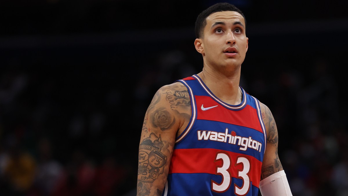 Kyle Kuzma #33 of the Washington Wizards looks on against the Portland Trail Blazers during the second half at Capital One Arena on January 15, 2022 in Washington, DC. NOTE TO USER: User expressly acknowledges and agrees that, by downloading and or using this photograph, User is consenting to the terms and conditions of the Getty Images License Agreement. (Photo by Patrick Smith/Getty Images)