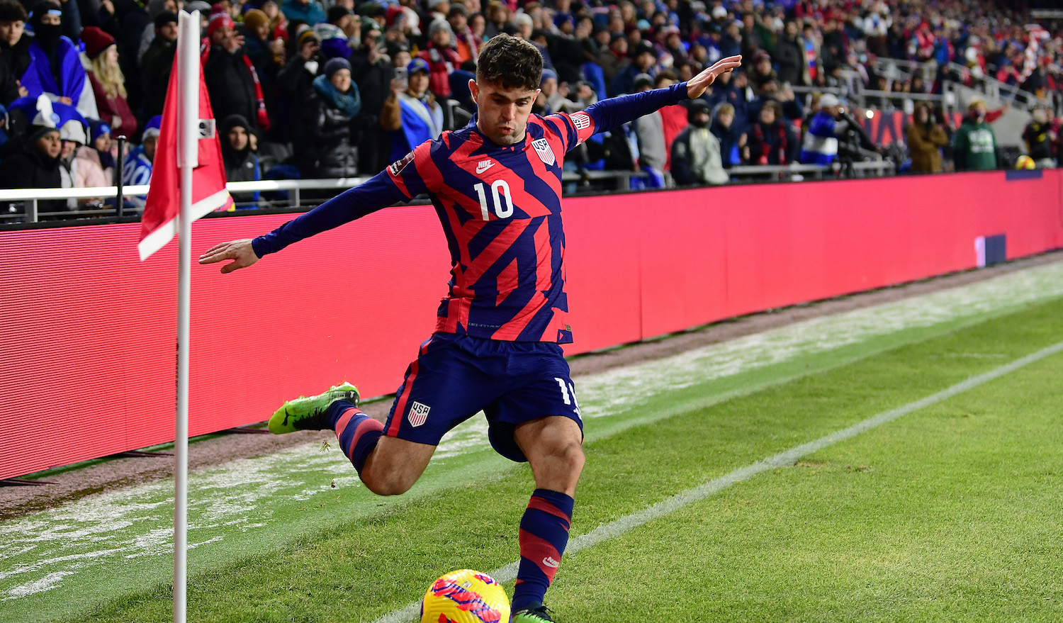 COLUMBUS, OHIO - JANUARY 27: Christian Pulisic #10 of the United States makes a corner kick in the second half during the World Cup qualifying game against El Salvador at Lower.com Field on January 27, 2022 in Columbus, Ohio. (Photo by Emilee Chinn/Getty Images)