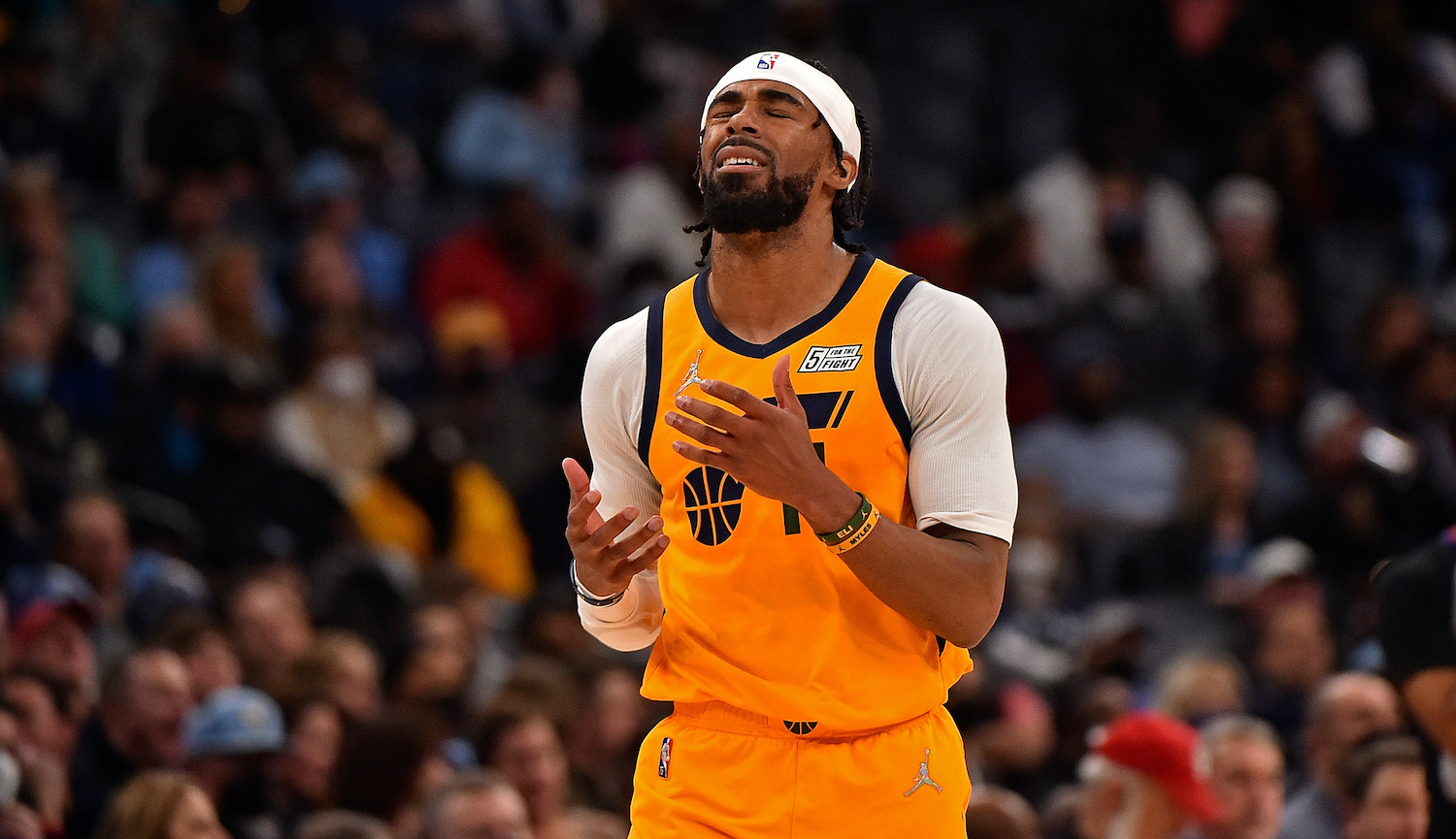 MEMPHIS, TENNESSEE - JANUARY 28: Mike Conley #11 of the Utah Jazz reacts during the second half against the Memphis Grizzlies at FedExForum on January 28, 2022 in Memphis, Tennessee. NOTE TO USER: User expressly acknowledges and agrees that, by downloading and or using this photograph, User is consenting to the terms and conditions of the Getty Images License Agreement. (Photo by Justin Ford/Getty Images)